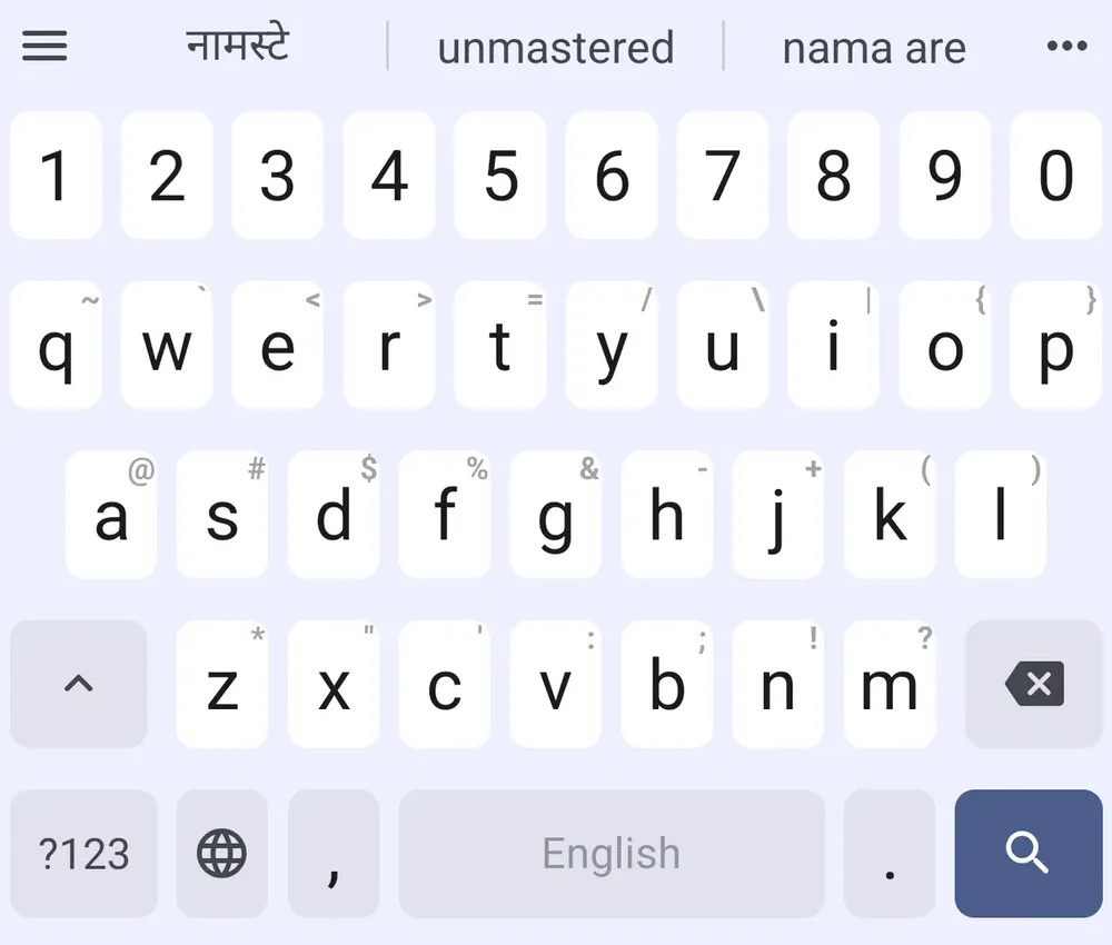 The English keyboard suggesting नमस्ते after typing namaste